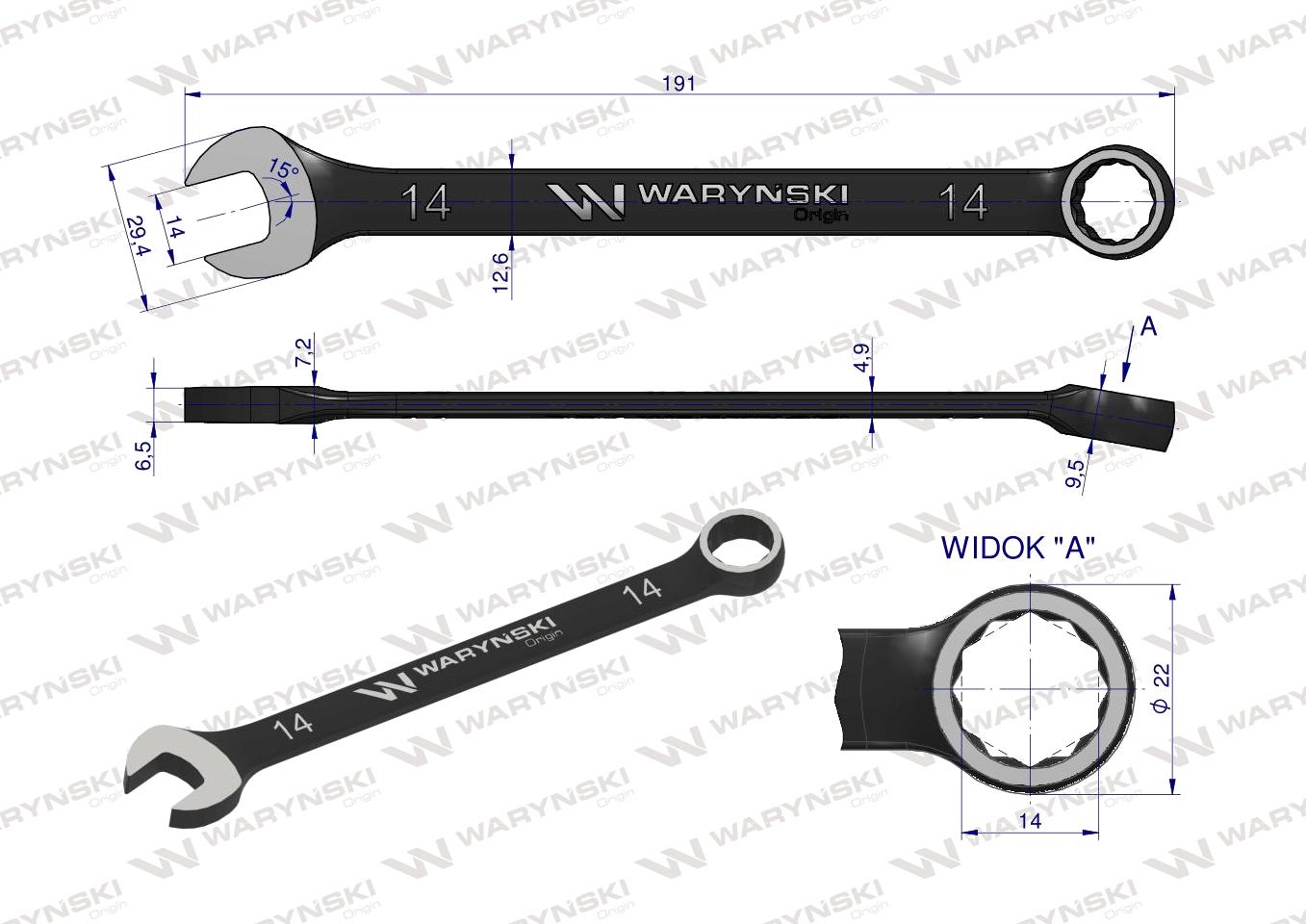 Klucz płasko-oczkowy 14 mm. CrV  standard ASME B107-2010 Waryński