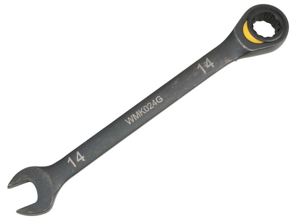 Klucz płasko-oczkowy 14mm z grzechotką podgiętą dwukierunkową 72 zęby standard ASME B107-2010, Waryński