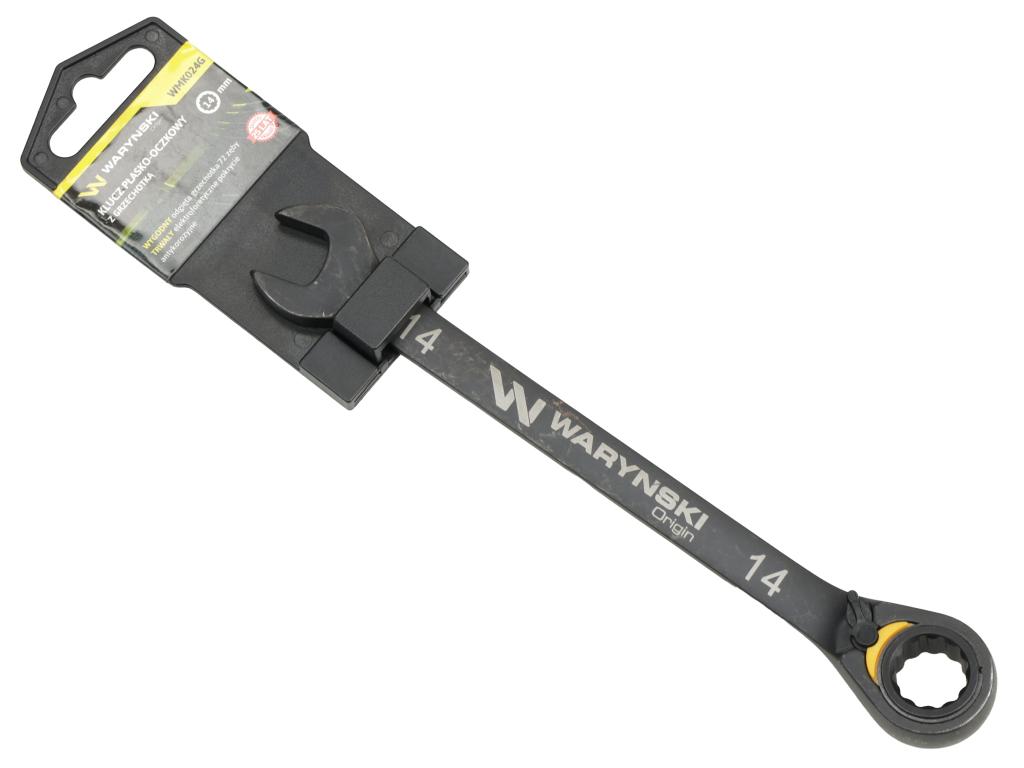 Klucz płasko-oczkowy 14mm z grzechotką podgiętą dwukierunkową 72 zęby standard ASME B107-2010, Waryński