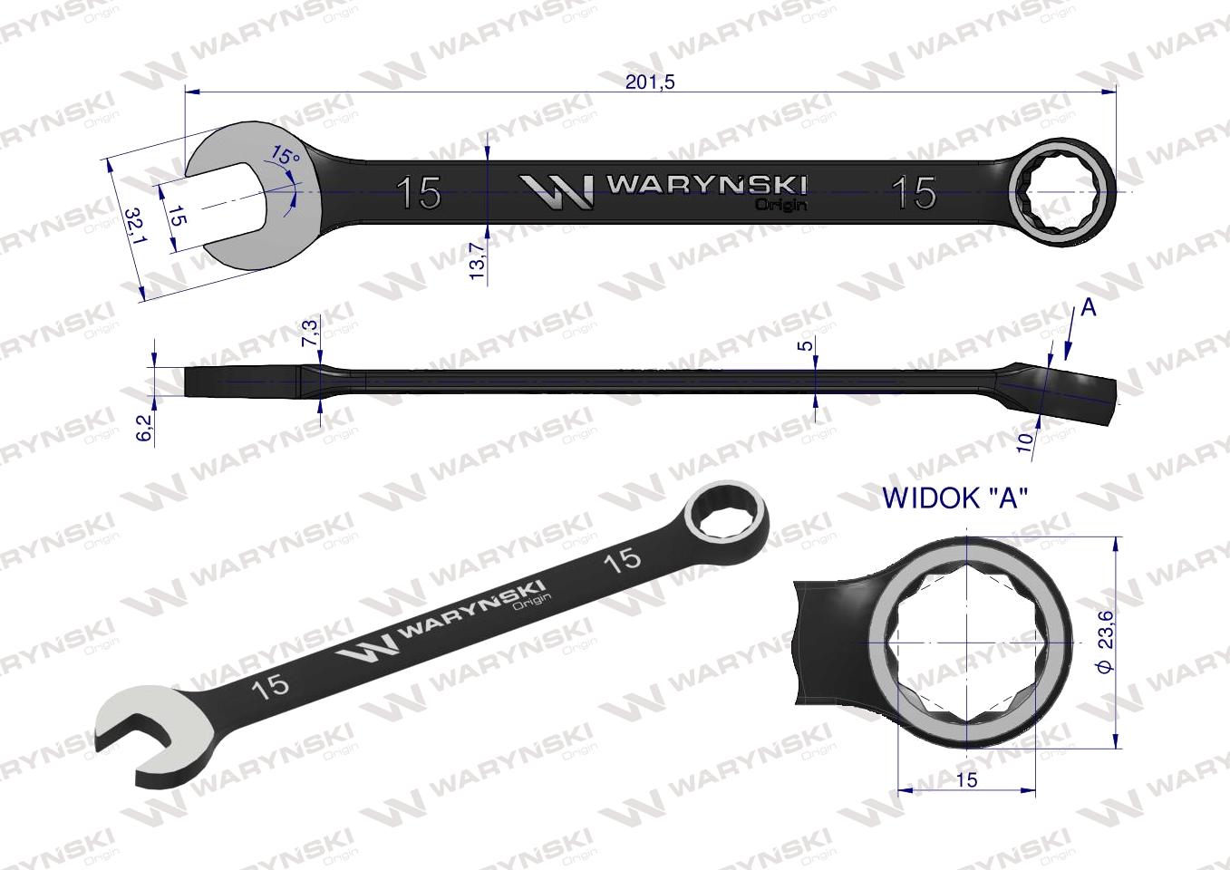 Klucz płasko-oczkowy 15 mm. CrV  standard ASME B107-2010 Waryński