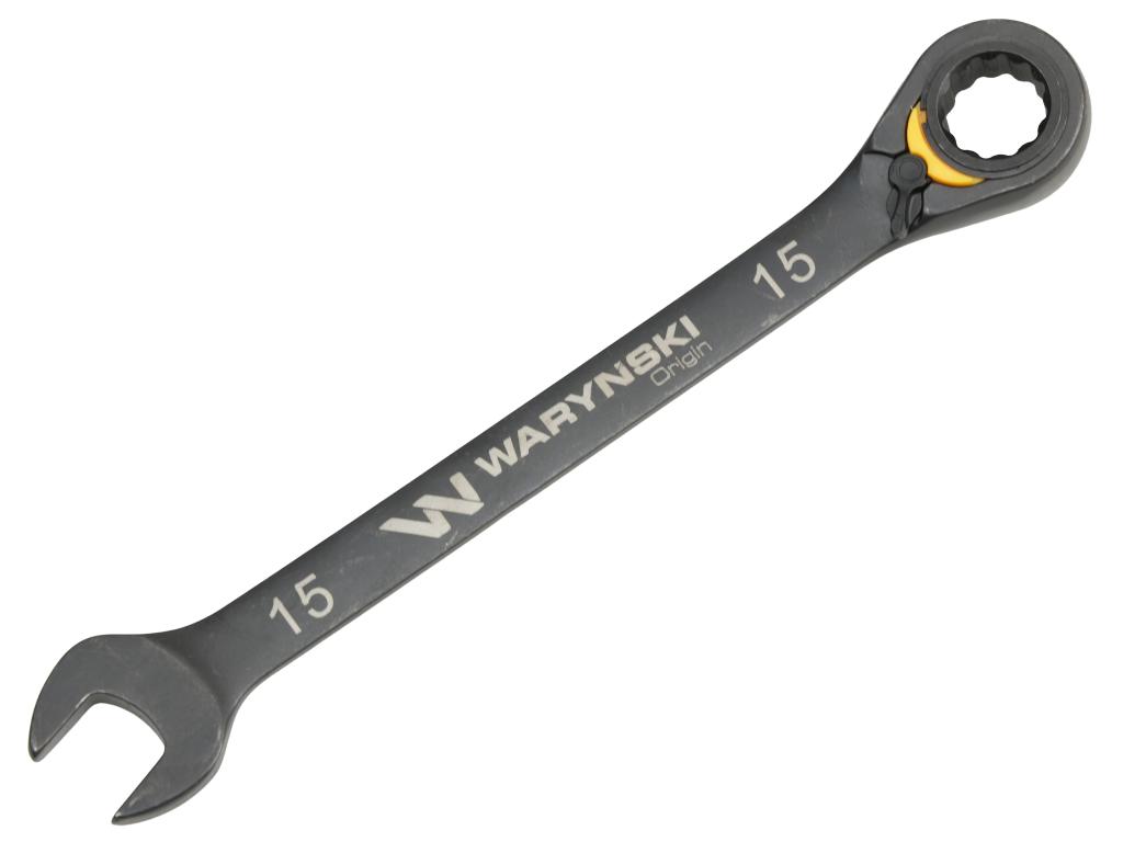 Klucz płasko-oczkowy 15mm z grzechotką podgiętą dwukierunkową 72 zęby standard ASME B107-2010, Waryński