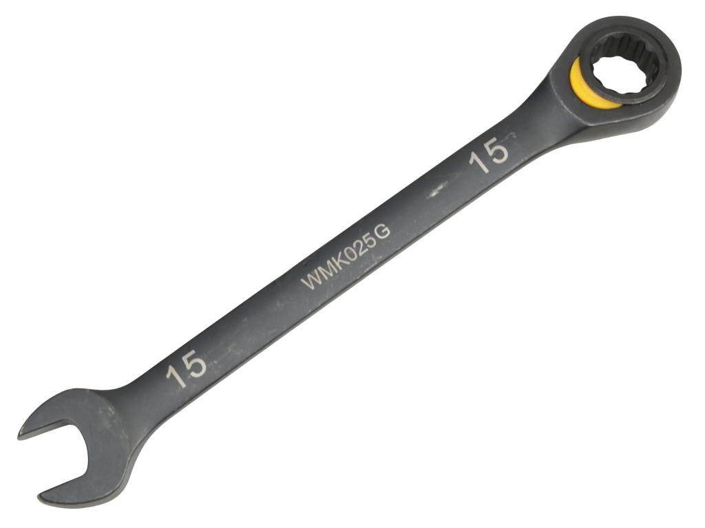 Klucz płasko-oczkowy 15mm z grzechotką podgiętą dwukierunkową 72 zęby standard ASME B107-2010, Waryński