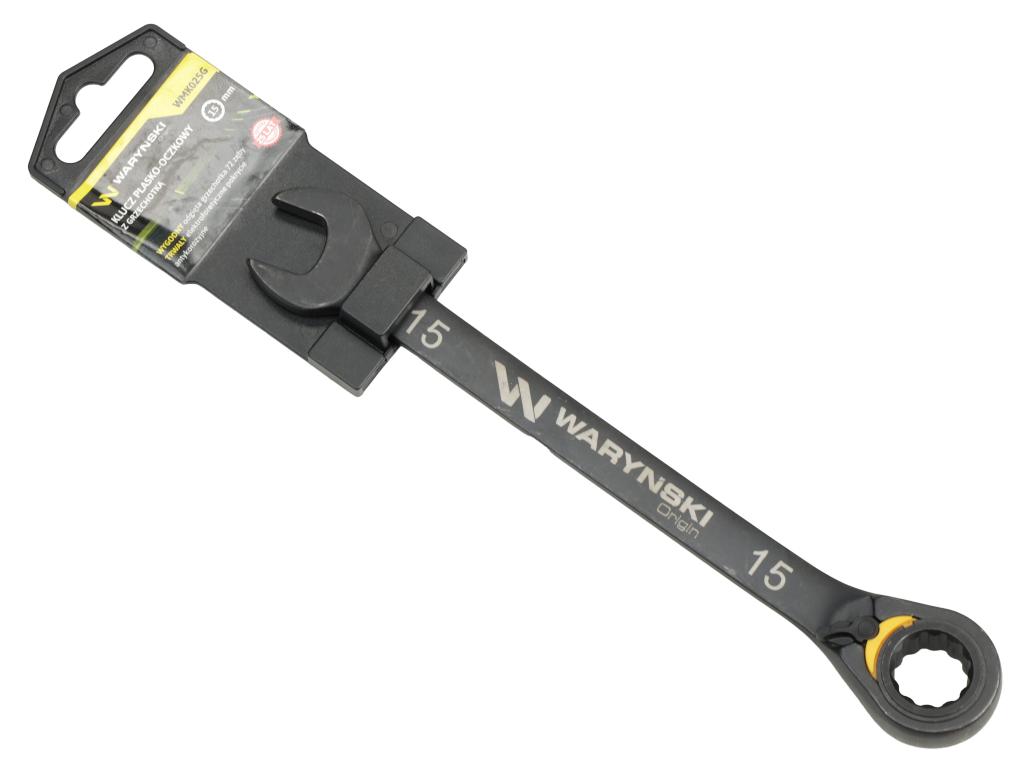 Klucz płasko-oczkowy 15mm z grzechotką podgiętą dwukierunkową 72 zęby standard ASME B107-2010, Waryński