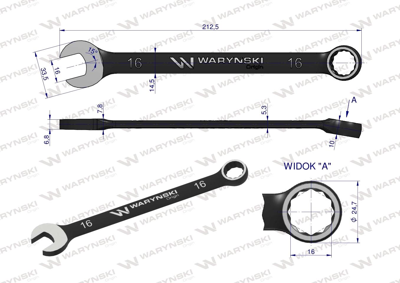 Klucz płasko-oczkowy 16 mm. CrV standard ASME B107-2010 Waryński