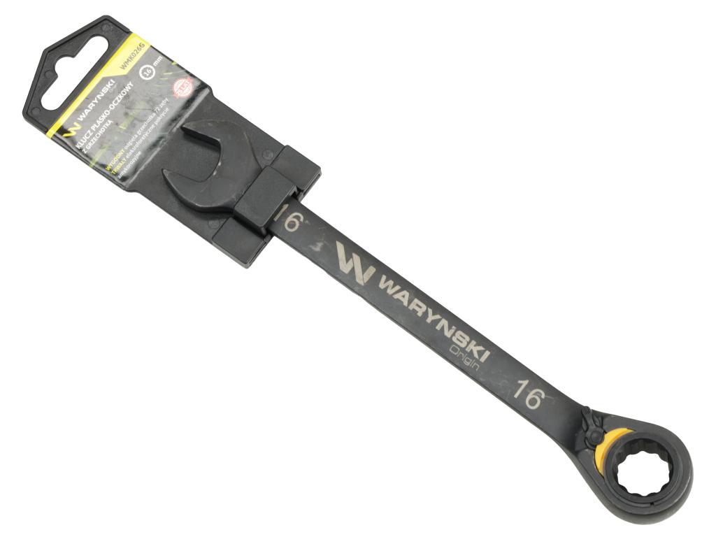 Klucz płasko-oczkowy 16mm z grzechotką podgiętą dwukierunkową 72 zęby standard ASME B107-2010, Waryński