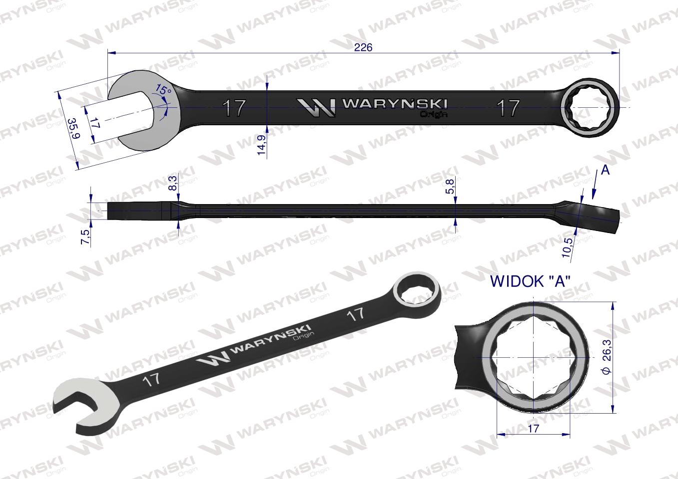 Klucz płasko-oczkowy 17 mm. CrV standard ASME B107-2010 Waryński