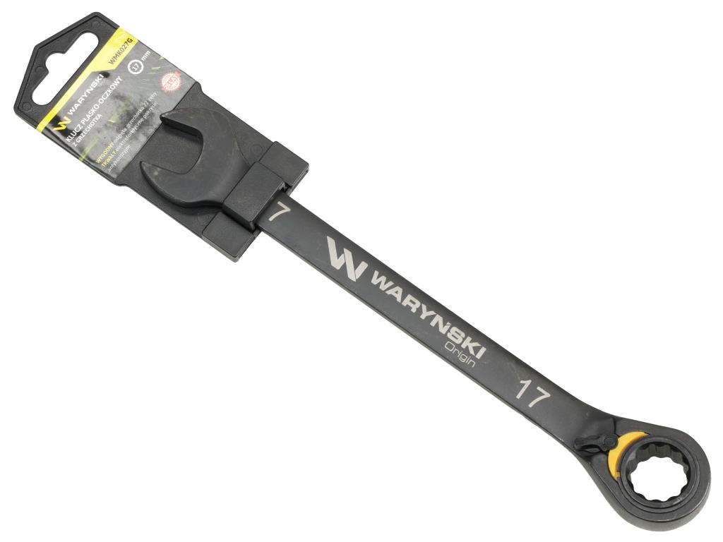 Klucz płasko-oczkowy 17mm z grzechotką podgiętą dwukierunkową 72 zęby standard ASME B107-2010, Waryński