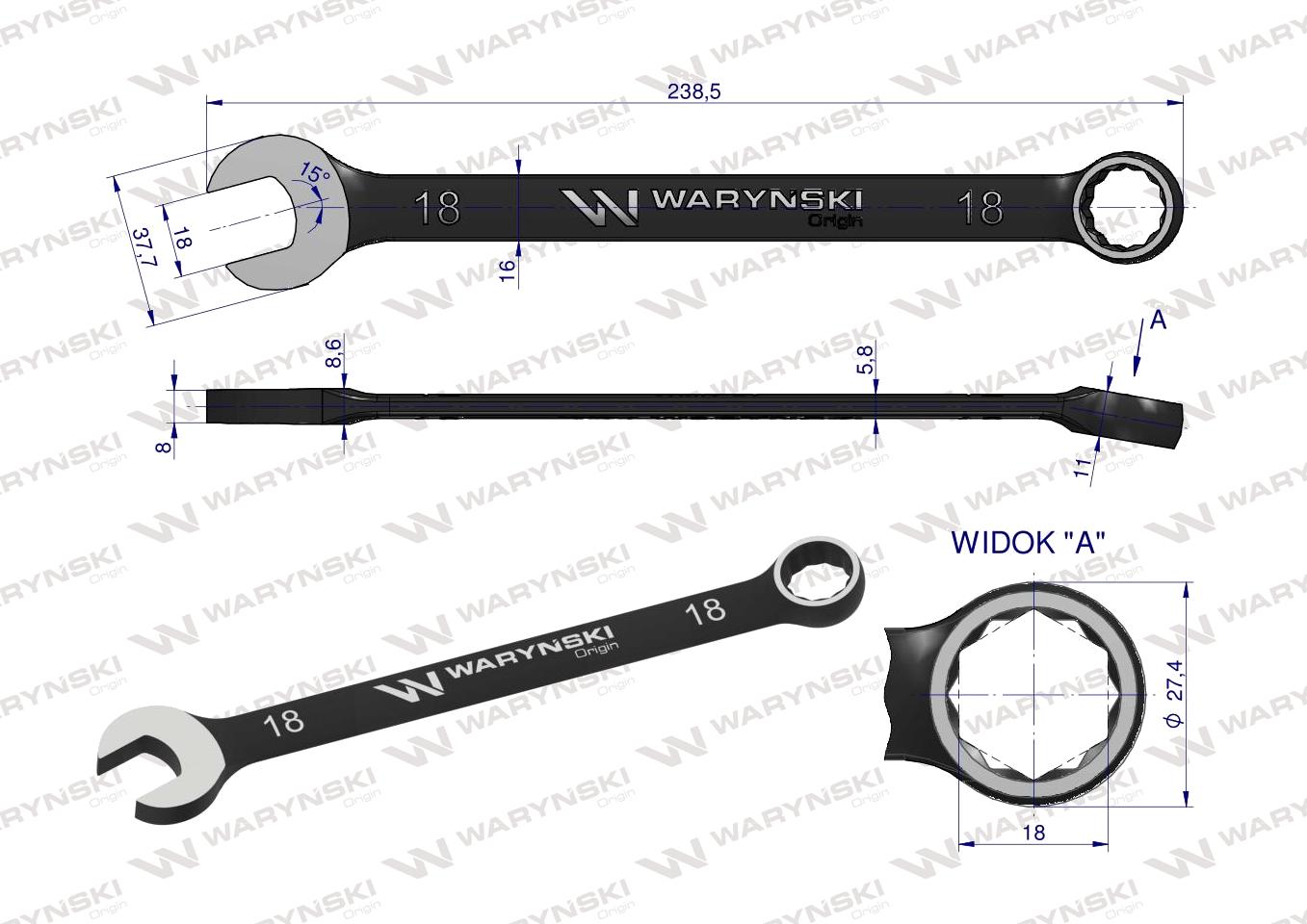 Klucz płasko-oczkowy 18 mm. CrV  standard ASME B107-2010 Waryński