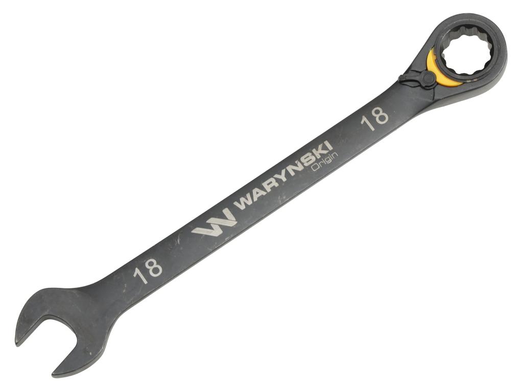 Klucz płasko-oczkowy 18mm z grzechotką podgiętą dwukierunkową 72 zęby standard ASME B107-2010, Waryński