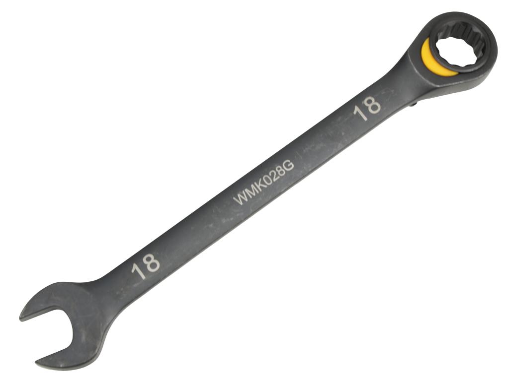 Klucz płasko-oczkowy 18mm z grzechotką podgiętą dwukierunkową 72 zęby standard ASME B107-2010, Waryński