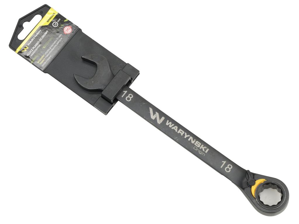 Klucz płasko-oczkowy 18mm z grzechotką podgiętą dwukierunkową 72 zęby standard ASME B107-2010, Waryński