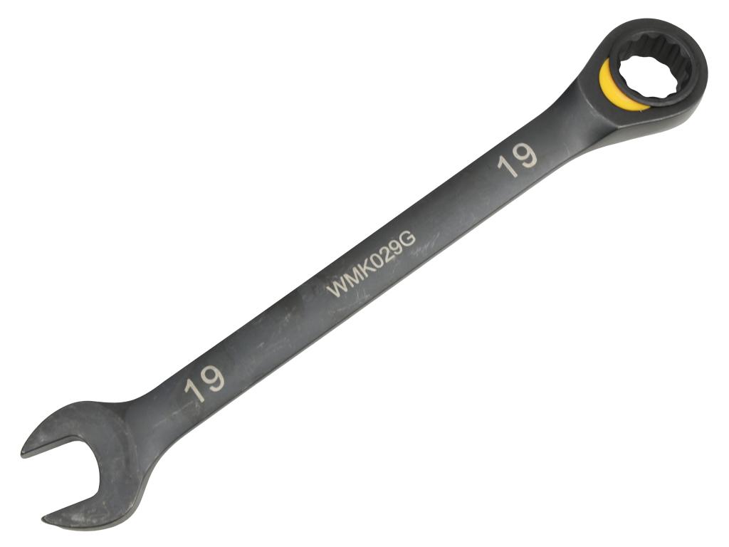Klucz płasko-oczkowy 19mm z grzechotką podgiętą dwukierunkową 72 zęby standard ASME B107-2010, Waryński
