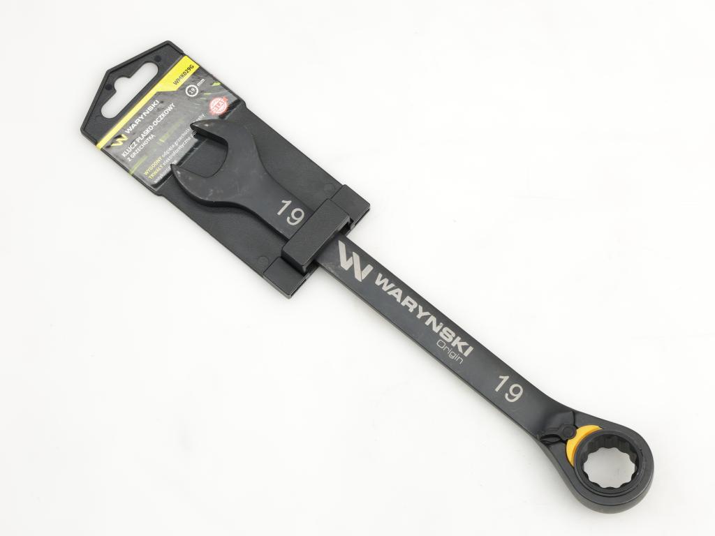 Klucz płasko-oczkowy 19mm z grzechotką podgiętą dwukierunkową 72 zęby standard ASME B107-2010, Waryński