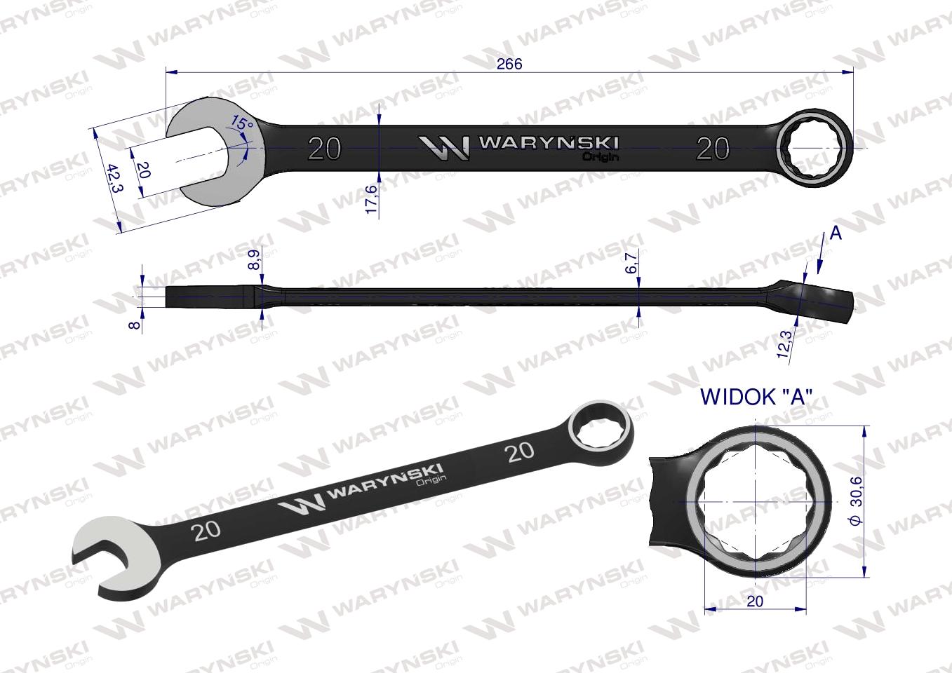 Klucz płasko-oczkowy 20 mm CrV standard ASME B107-2010 Waryński