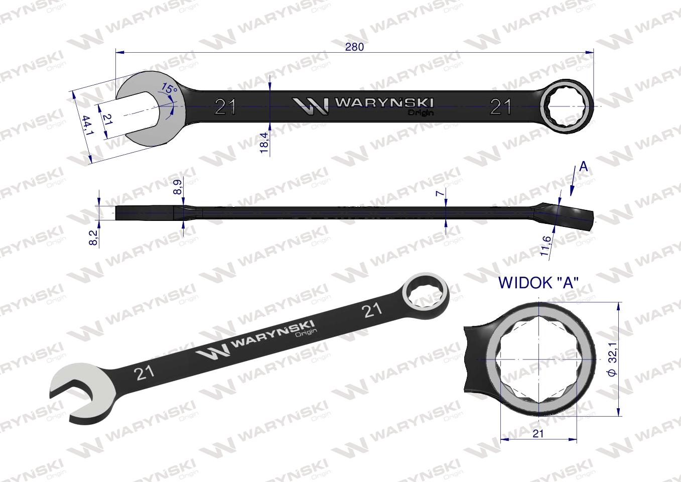 Klucz płasko-oczkowy 21 mm. CrV  standard ASME B107-2010 Waryński