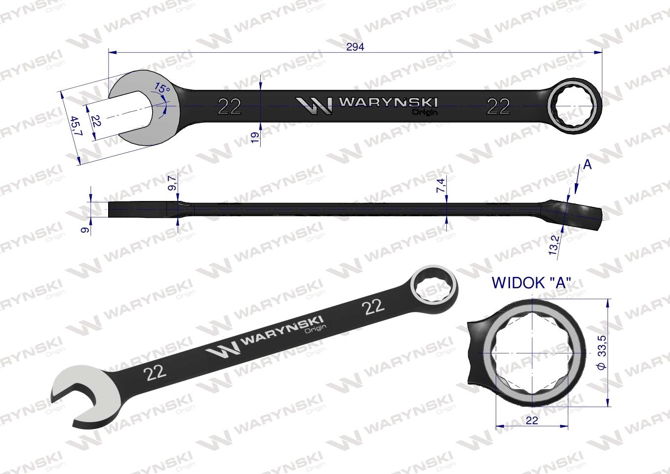 Klucz płasko-oczkowy 22 mm. CrV  standard ASME B107-2010 Waryński