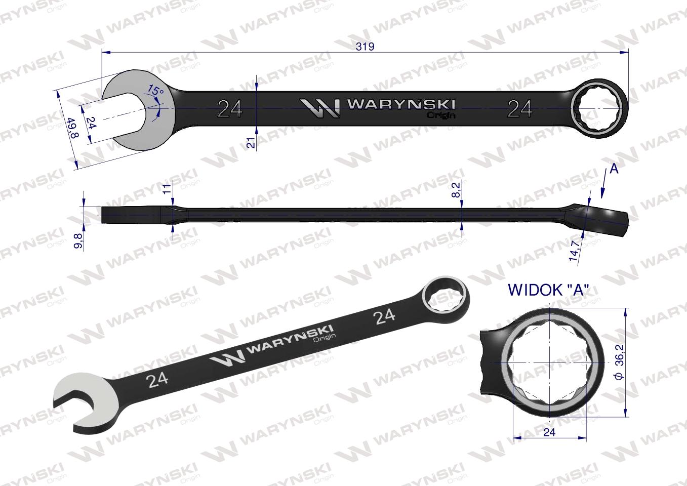 Klucz płasko-oczkowy 24 mm. CrV  standard ASME B107-2010 Waryński