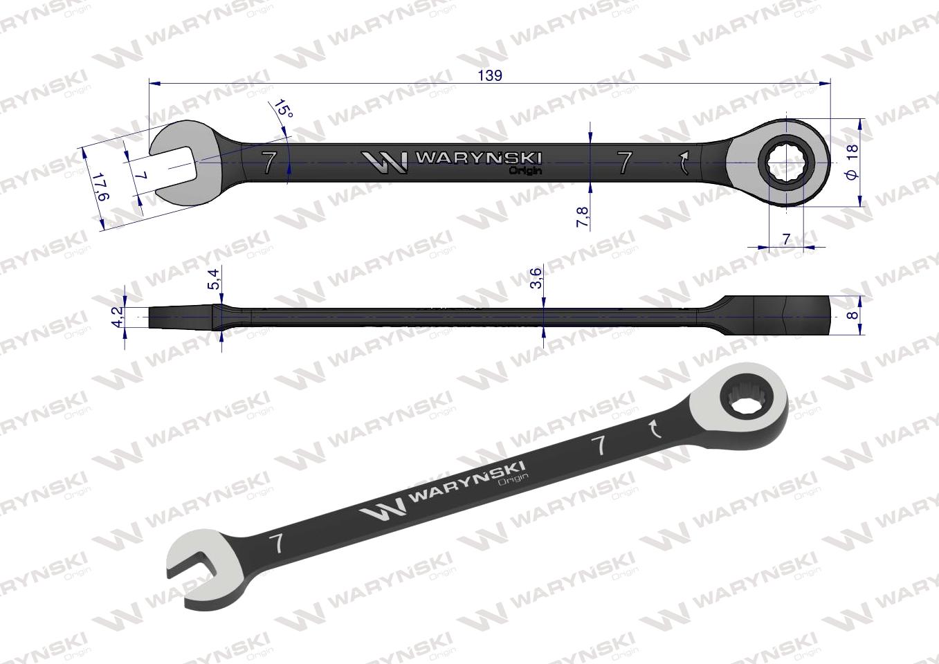 Klucz płasko-oczkowy 7 mm z grzechotką 72 zęby standard ASME B107-2010 Waryński