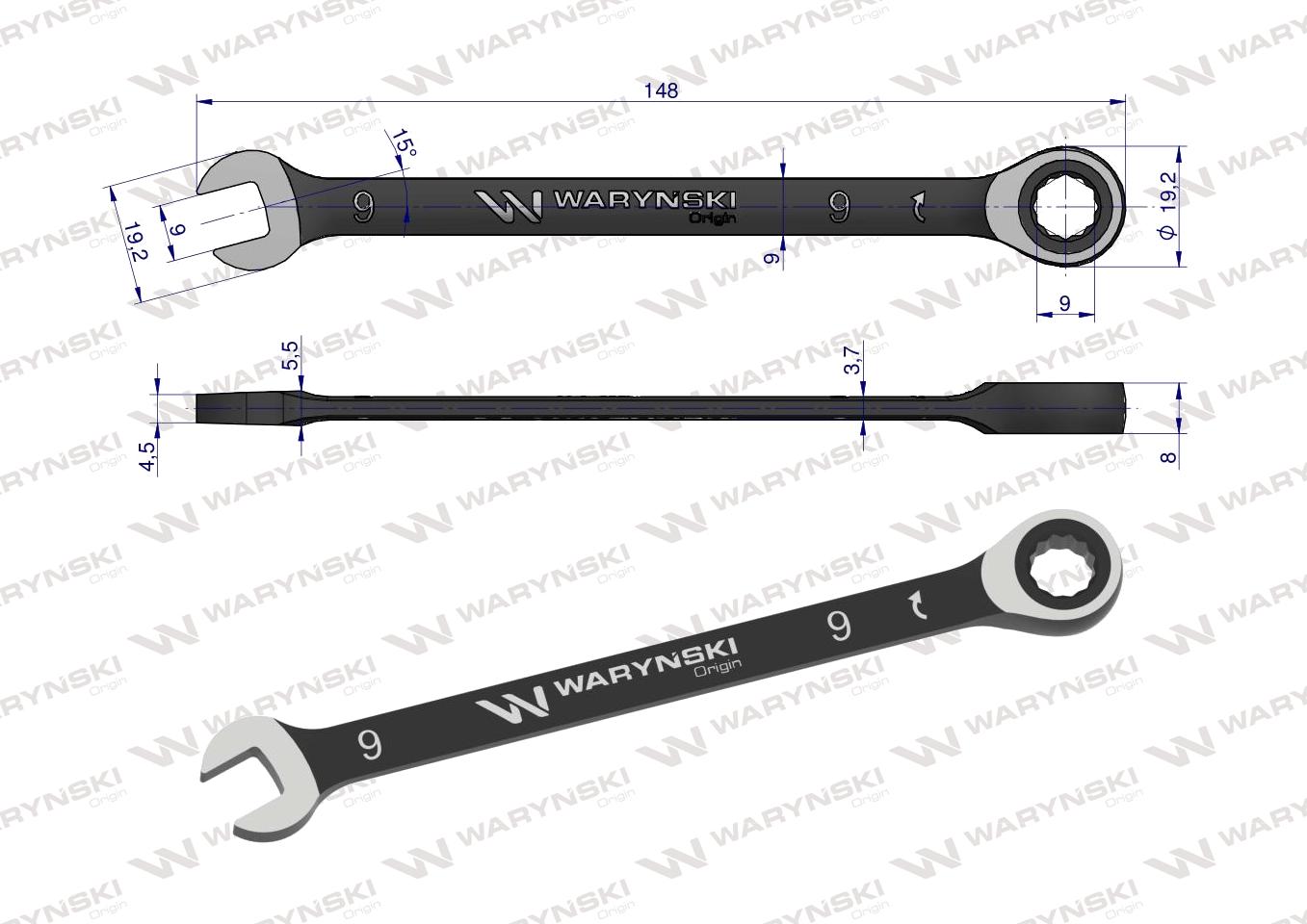 Klucz płasko-oczkowy 9 mm z grzechotką 72 zęby standard ASME B107-2010 Waryński