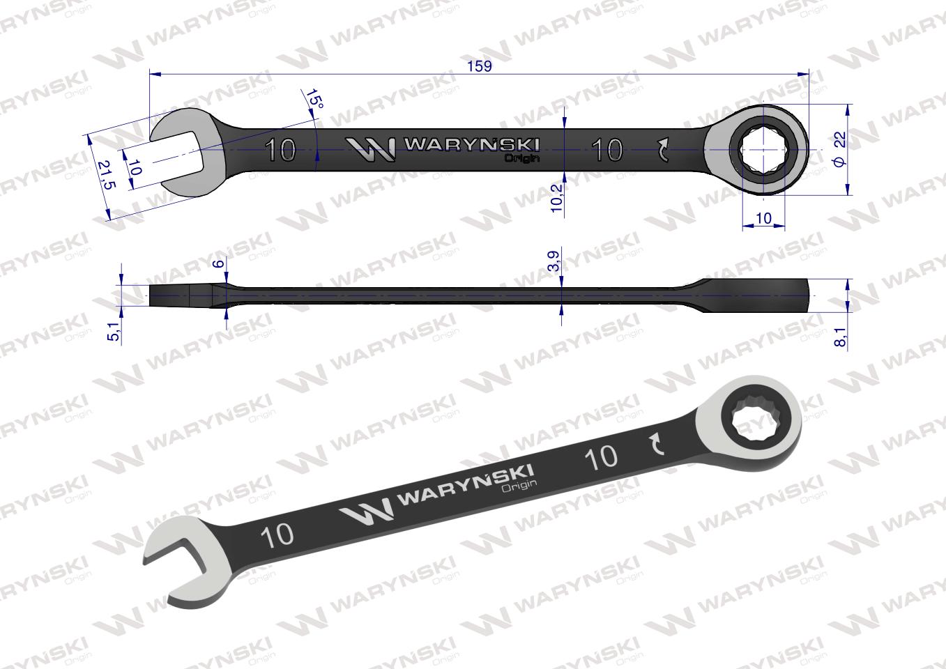 Klucz płasko-oczkowy 10 mm z grzechotką 72 zęby standard ASME B107-2010 Waryński
