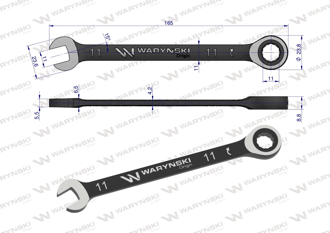 Klucz płasko-oczkowy 11 mm z grzechotką 72 zęby standard ASME B107-2010 Waryński