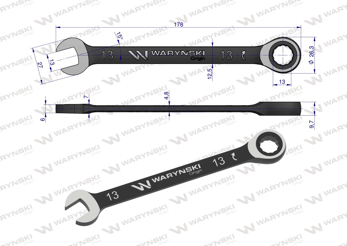 Klucz płasko-oczkowy 13 mm z grzechotką 72 zęby standard ASME B107-2010 Waryński