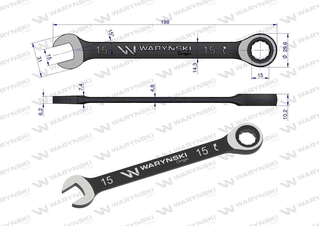 Klucz płasko-oczkowy 15 mm z grzechotką 72 zęby standard ASME B107-2010 Waryński