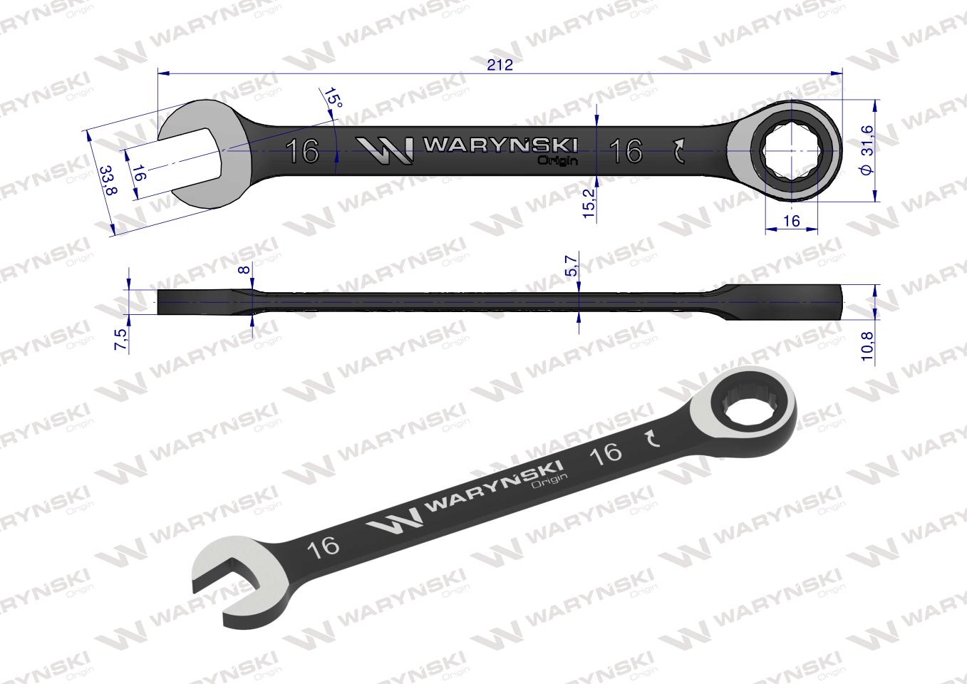 Klucz płasko-oczkowy 16 mm z grzechotką 72 zęby standard ASME B107-2010 Waryński