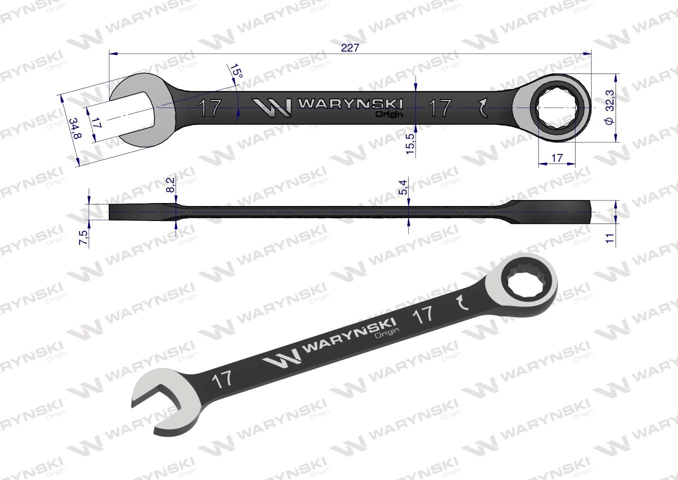 Klucz płasko-oczkowy 17 mm z grzechotką 72 zęby standard ASME B107-2010 Waryński