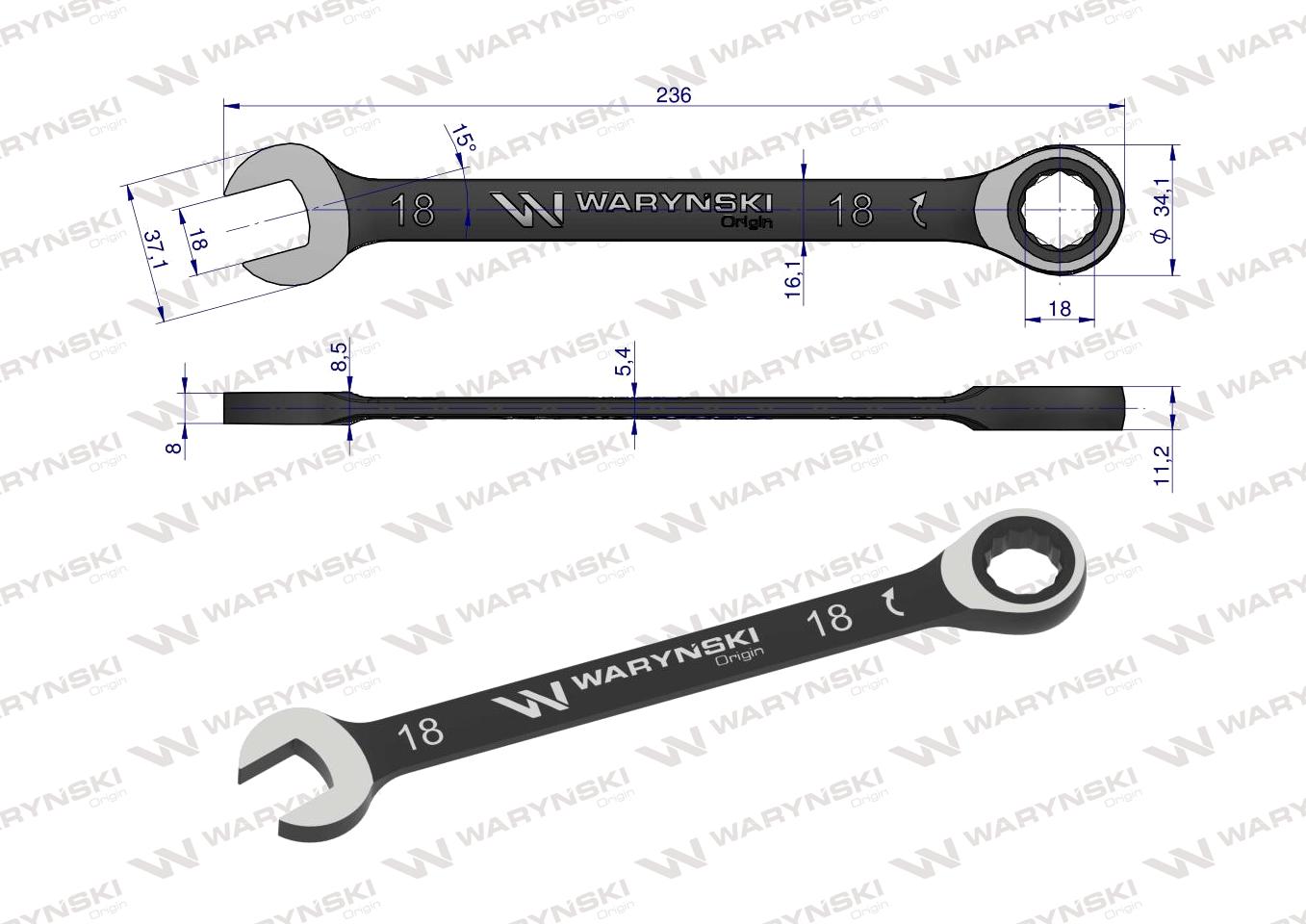 Klucz płasko-oczkowy 18 mm z grzechotką 72 zęby standard ASME B107-2010 Waryński