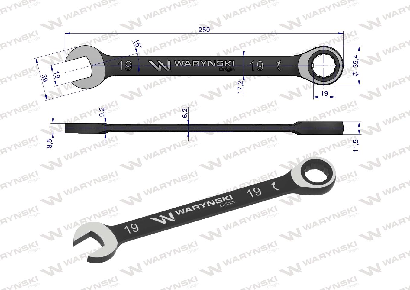 Klucz płasko-oczkowy 19 mm z grzechotką 72 zęby standard ASME B107-2010 Waryński