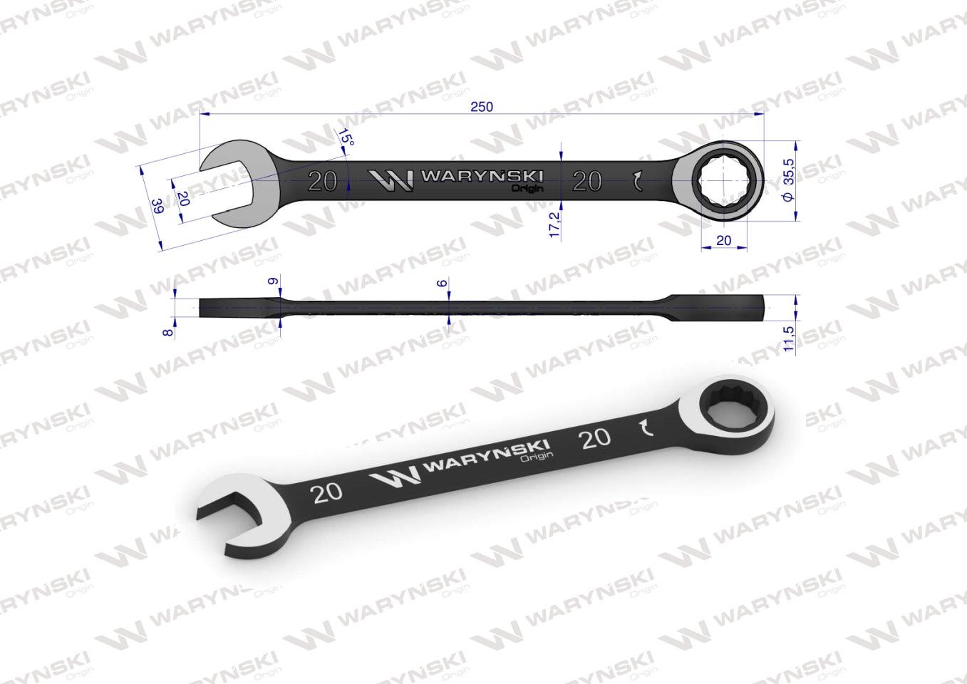 Klucz płasko-oczkowy 20 mm z grzechotką 72 zęby standard ASME B107-2010 Waryński