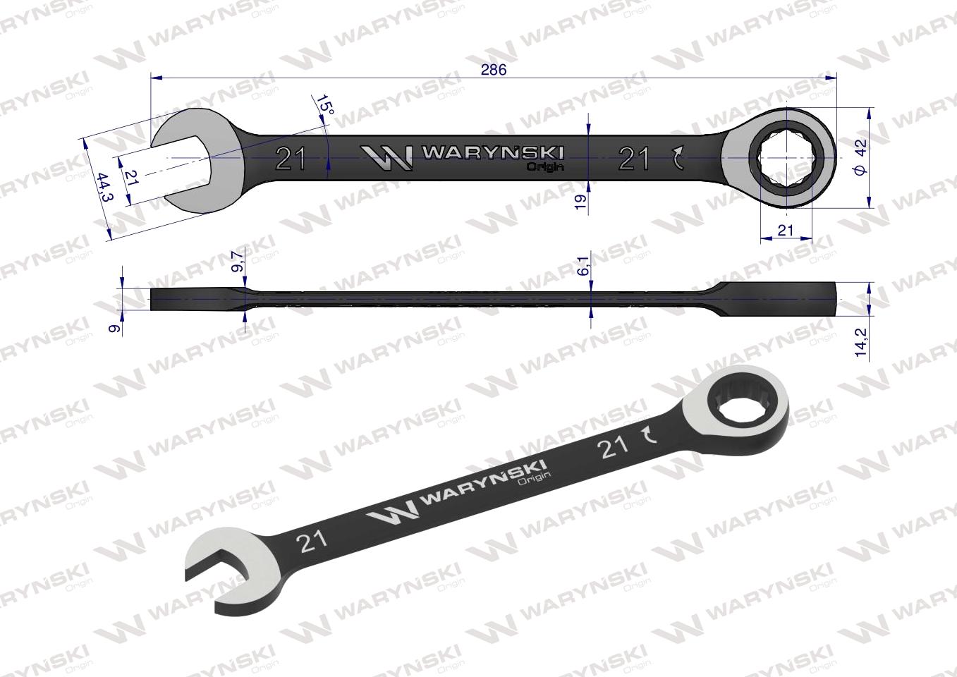 Klucz płasko-oczkowy 21 mm z grzechotką 72 zęby standard ASME B107-2010 Waryński