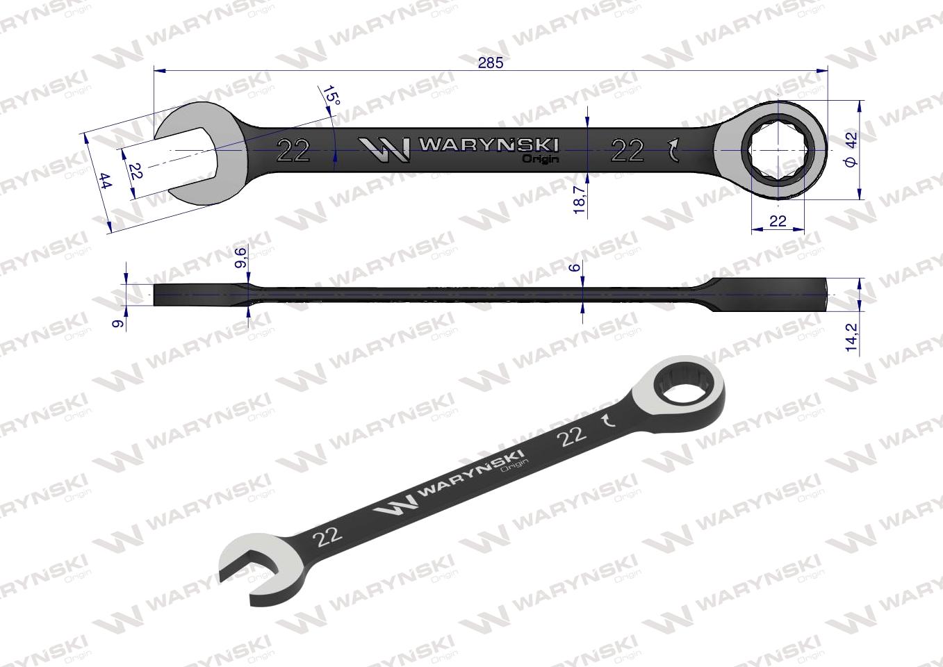 Klucz płasko-oczkowy 22 mm z grzechotką 72 zęby standard ASME B107-2010 Waryński