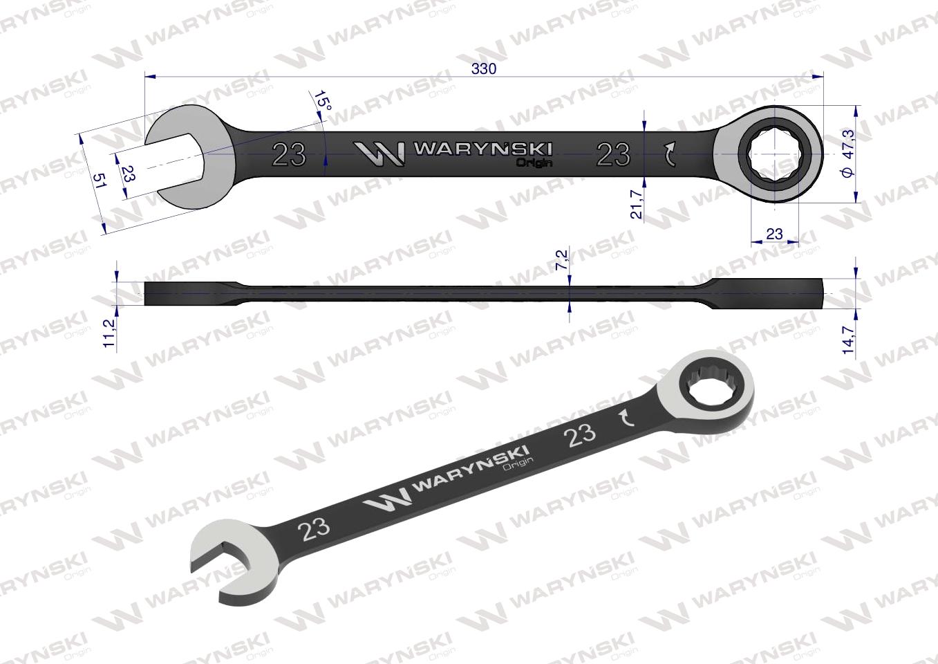 Klucz płasko-oczkowy 23 mm z grzechotką 72 zęby standard ASME B107-2010 Waryński