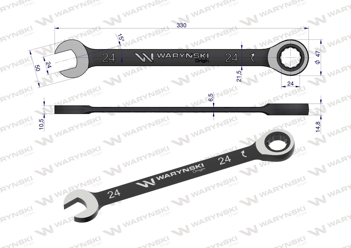 Klucz płasko-oczkowy 24 mm z grzechotką 72 zęby standard ASME B107-2010 Waryński
