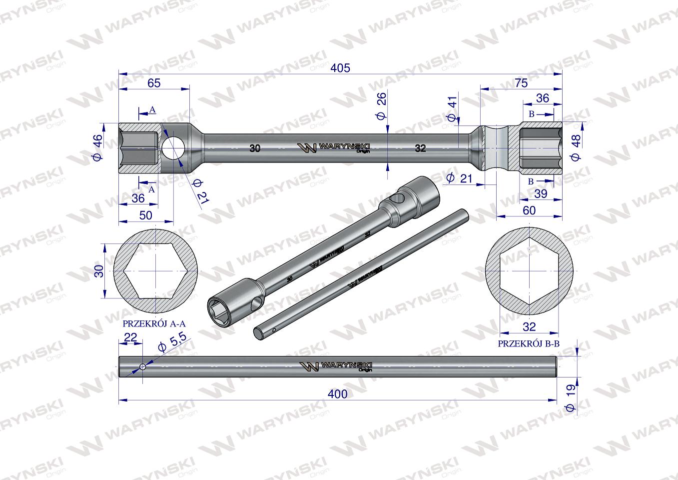 Klucz krzyżakowy do kół 30 x 32mm wzmocniony  wkladany uchwyt Waryński