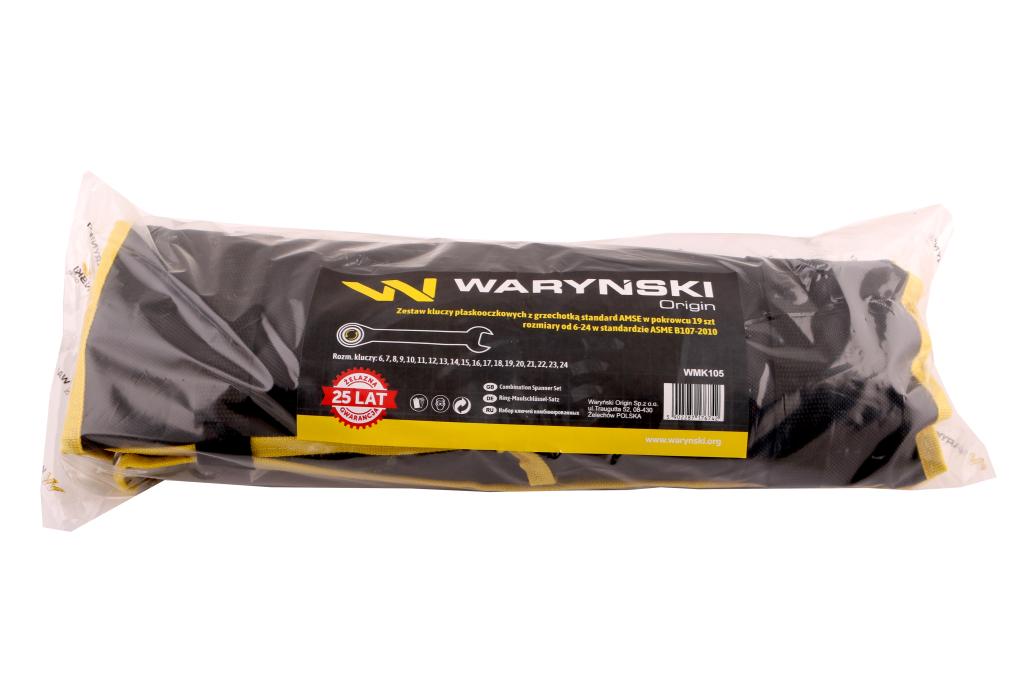 Zestaw kluczy płaskooczkowych z grzechotką standard w pokrowcu 19 szt rozmiary od 6-24 w standardzie ASME B107-2010   Waryński