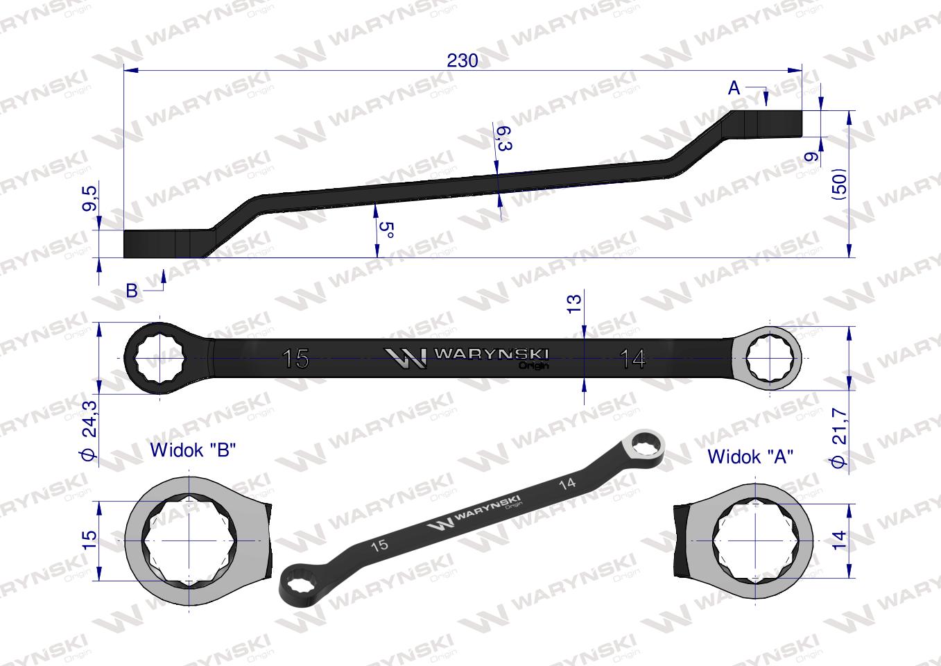 Klucz oczkowy odsadzony 14 x 15 mm. CrV standard ASME B107.9 Waryński