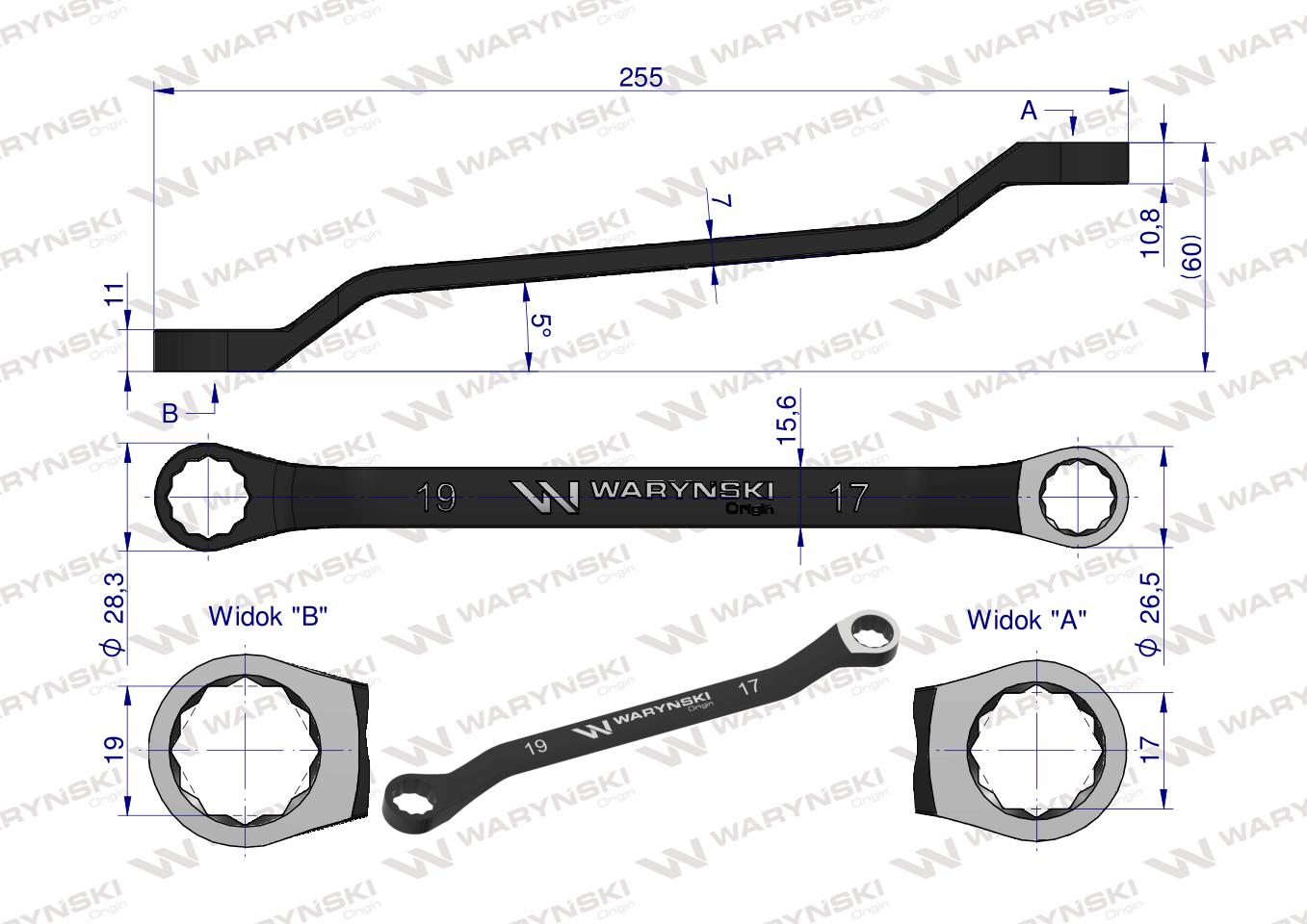 Klucz oczkowy odsadzony 17 x 19 mm. CrV standard ASME B107.9 Waryński