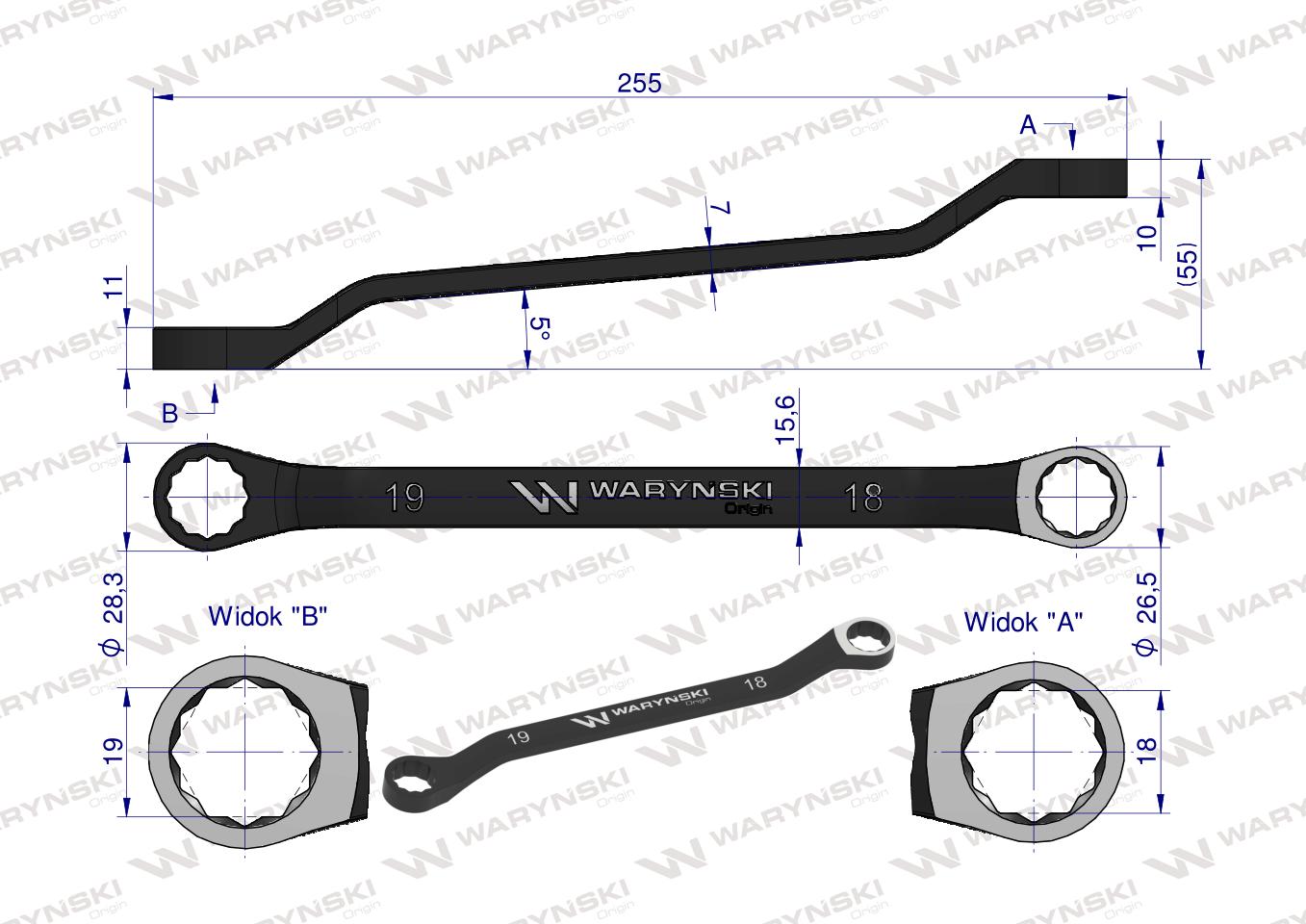 Klucz oczkowy odsadzony 18 x 19 mm. CrV standard ASME B107.9 Waryński