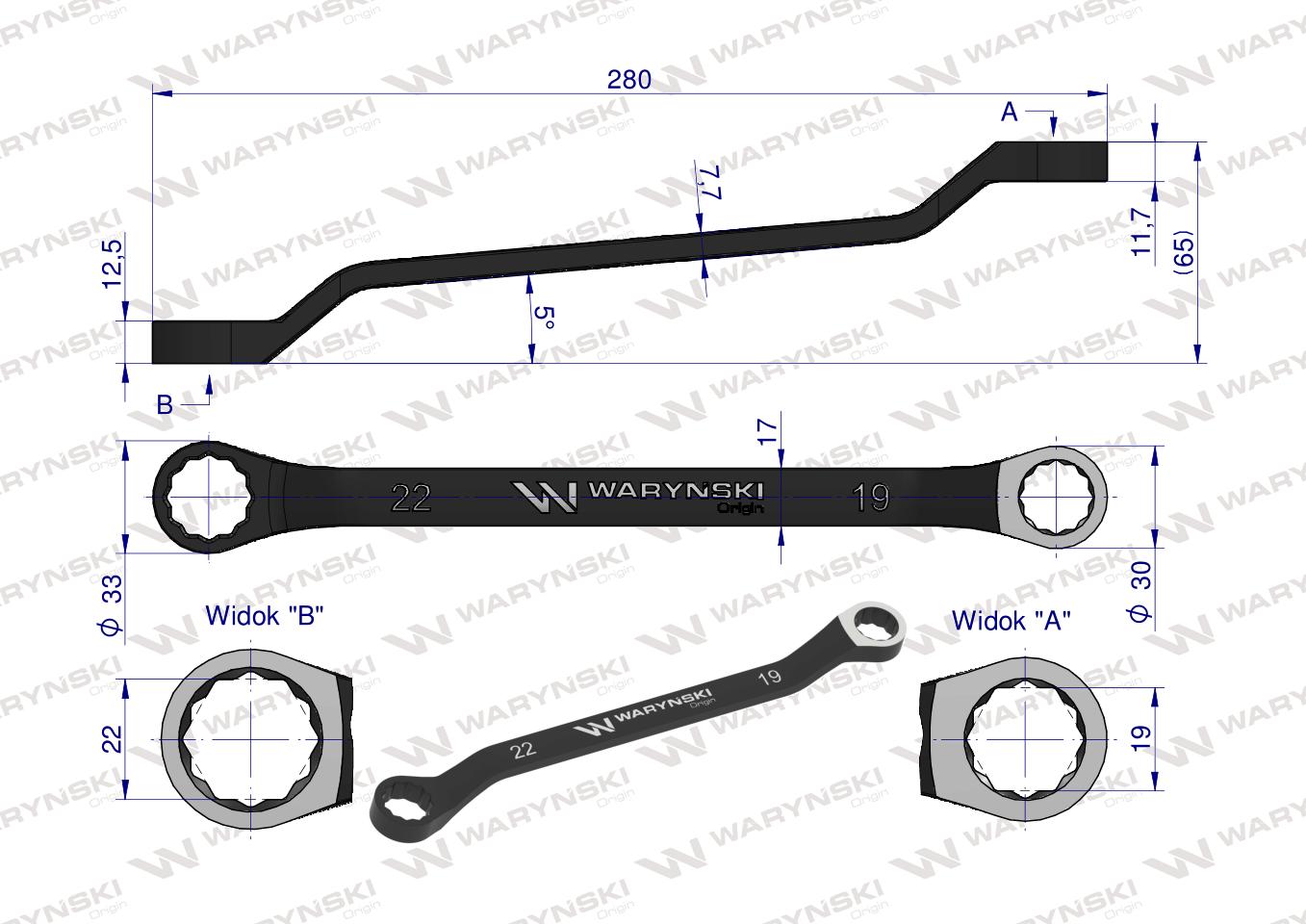 Klucz oczkowy odsadzony 19 x 22 mm. CrV standard ASME B107.9 Waryński