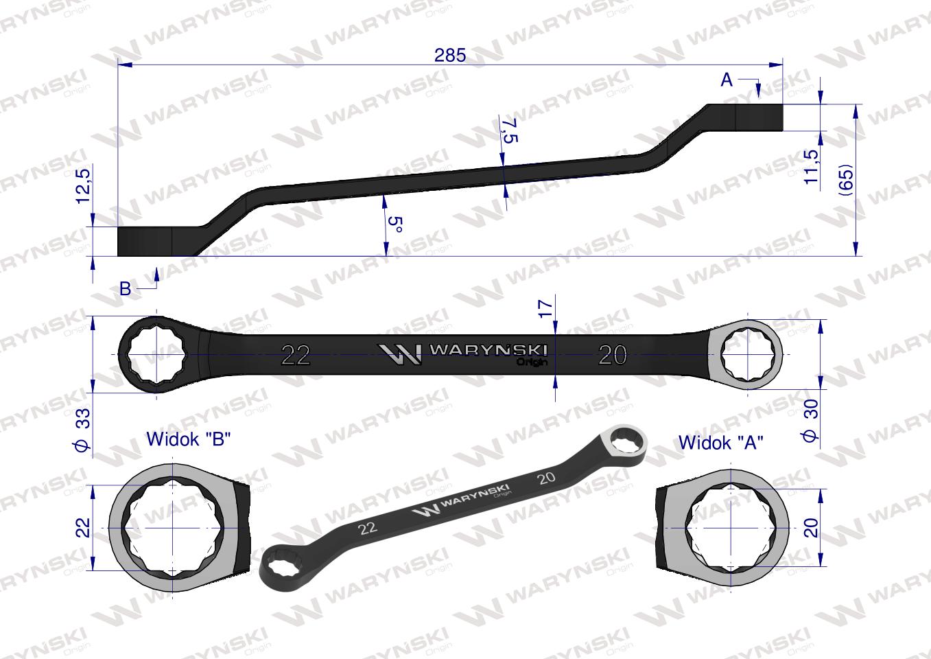 Klucz oczkowy odsadzony 20 x 22 mm. CrV standard ASME B107.9 Waryński