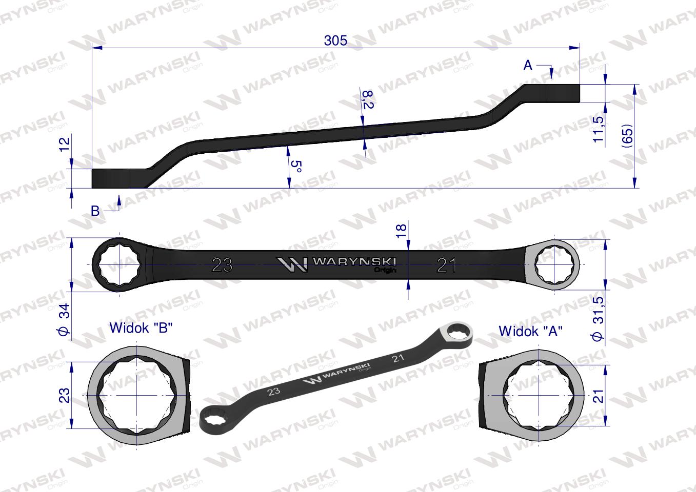 Klucz oczkowy odsadzony 21 x 23 mm. CrV standard ASME B107.9 Waryński