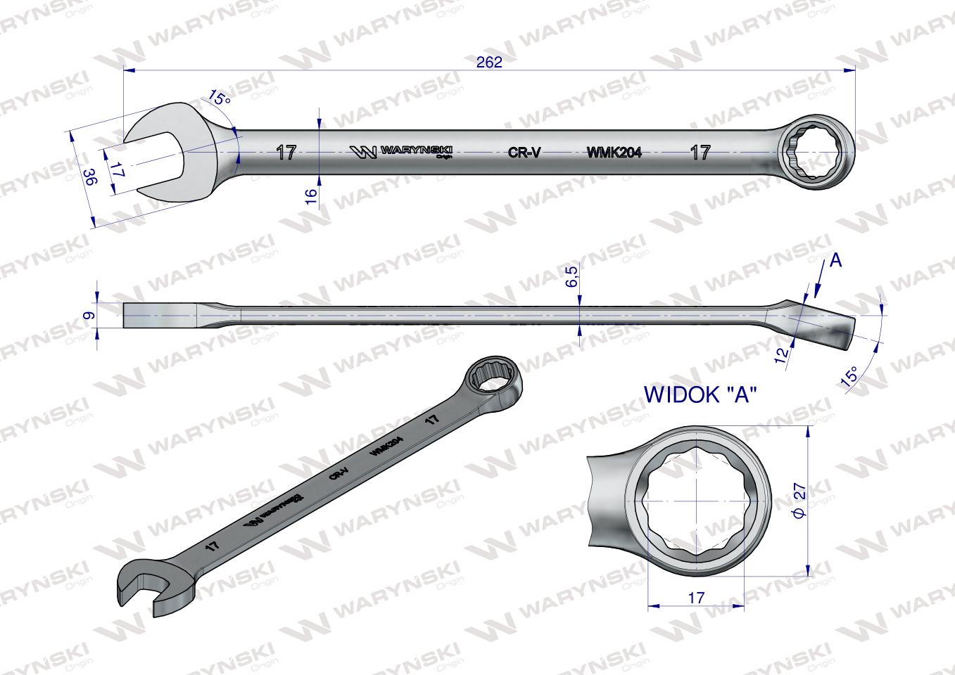 Klucz płaskooczkowy extra długi 17mm dł 262mm standard ASME B107.9M  Waryński