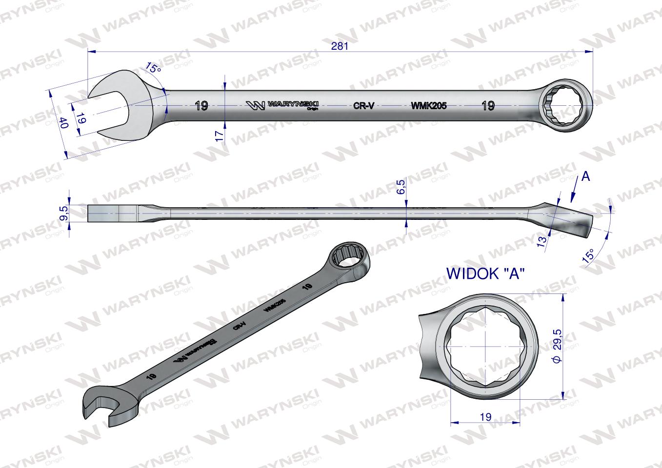 Klucz płaskooczkowy extra długi 19mm dł 281mm standard ASME B107.9M  Waryński