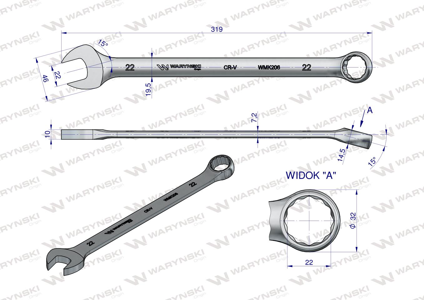 Klucz płaskooczkowy extra długi 22mm dł 319mm standard ASME B107.9M  Waryński