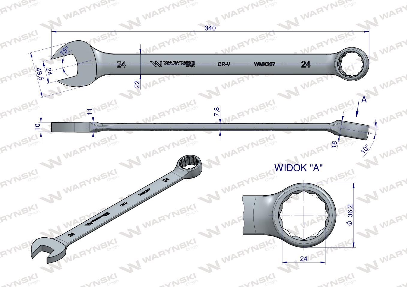 Klucz płaskooczkowy extra długi 24mm dł 339mm standard ASME B107.9M  Waryński