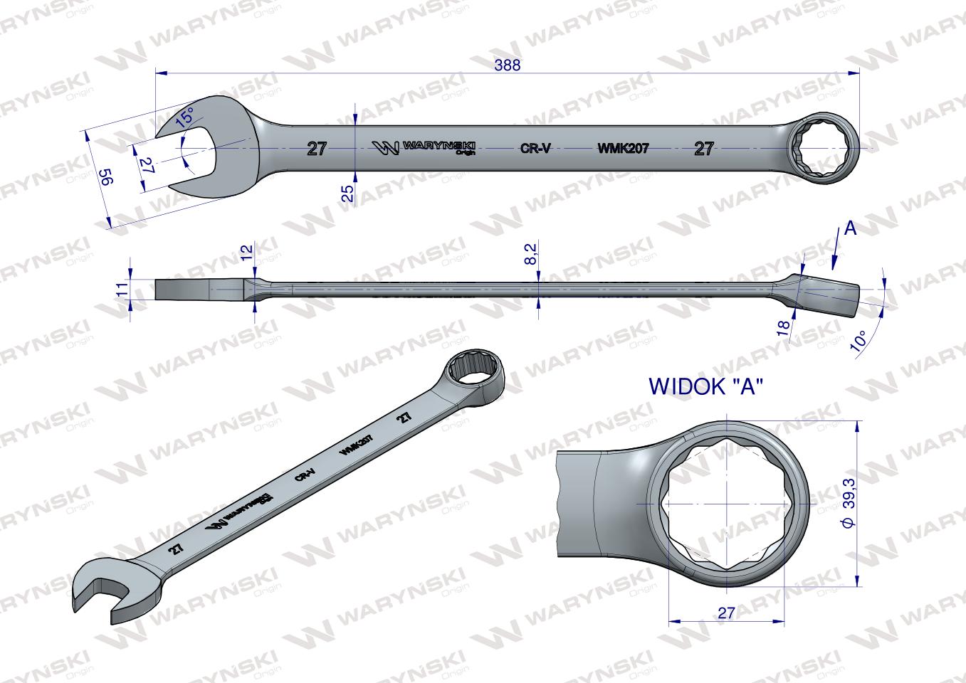 Klucz płaskooczkowy extra długi 27mm dł 388mm standard ASME B107.9M  Waryński