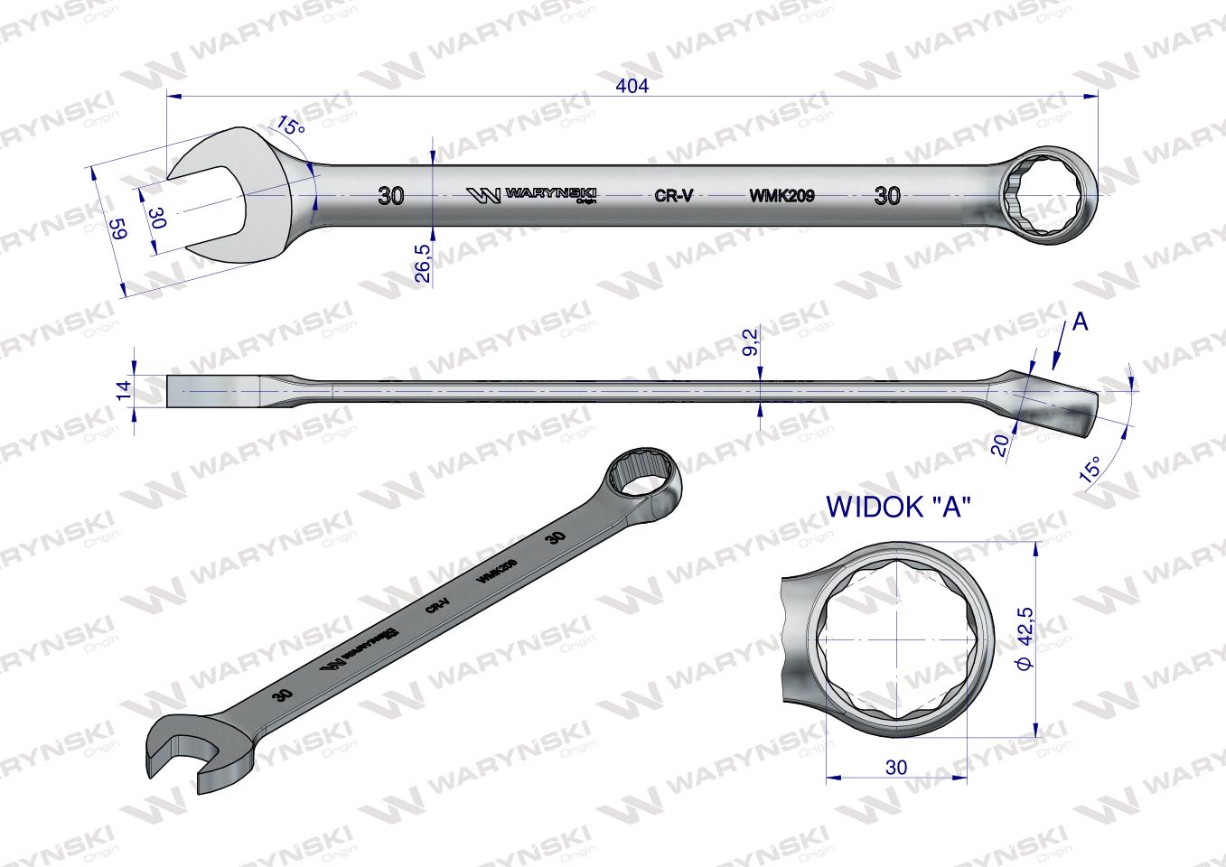 Klucz płaskooczkowy extra długi 30mm dł 404mm standard ASME B107.9M  Waryński